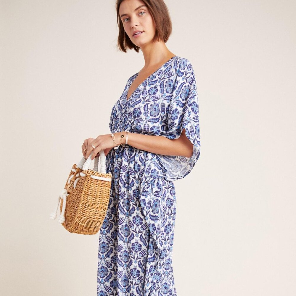 Rujuta Sheth Anthropologie Marie White Blue Lotus Maxi Kaftan Dress - S / M